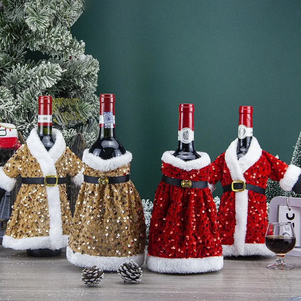 Santa Claus Christmas Wine Bottle Cover Sequin Cartoon Champagne Wine Bag Reusable Portable Glitter Plush Wine Bottle Set