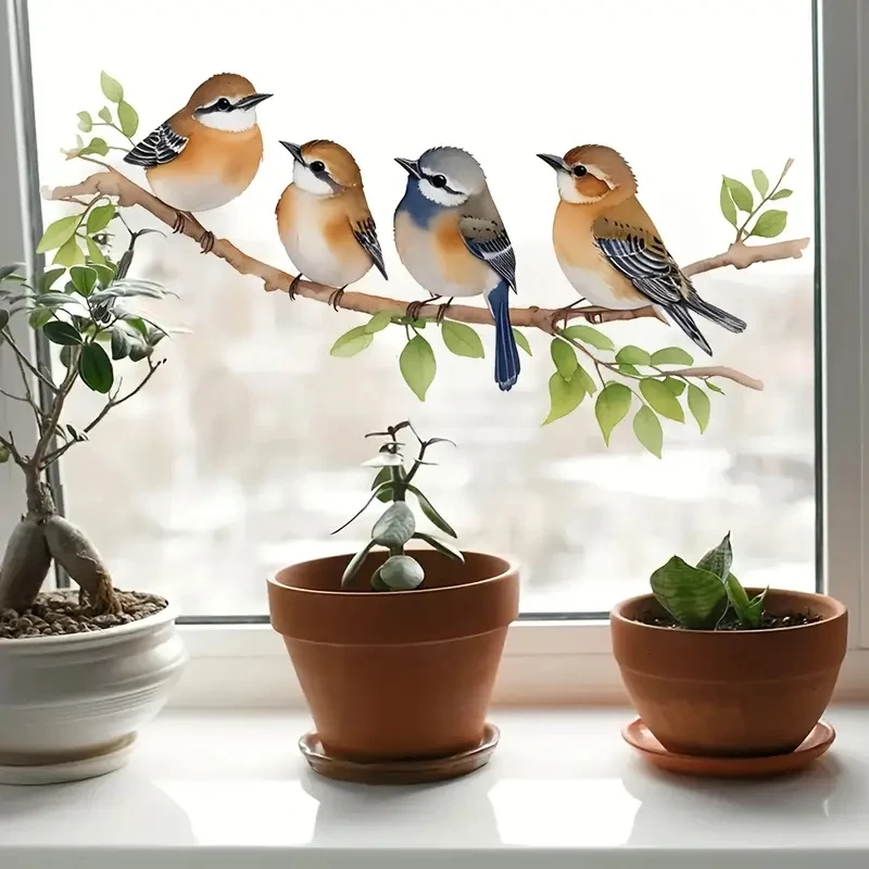 

MT1496# Four Little Birds Standing on a Branch Wall Sticker Suitable for Living Room, Bedroom, Study Room and Other Background