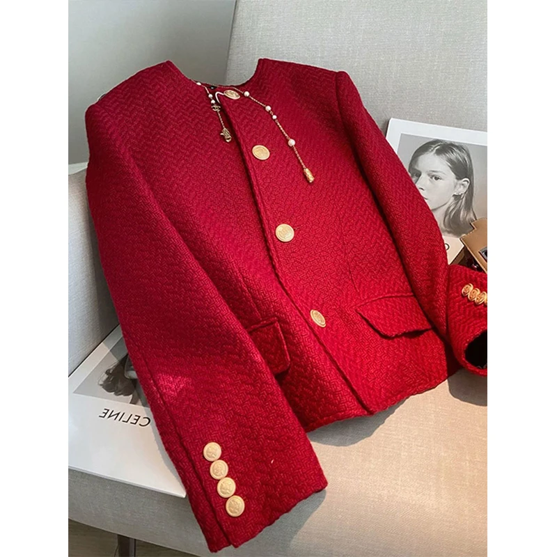 MEXZT Vintage Red Tweed Jacket Women Elegant Croppped Coat Korean Long Sleeve Blazer Ladies Single Breasted Short Outerwear New