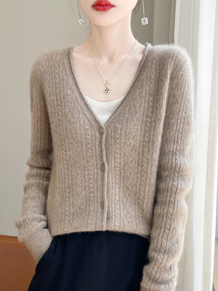 New Autumn Winter Women Cashmere Sweater 100% Merino Wool V-Neck Cardigan High Quality Soft Knitwear Star Style Casual Tops