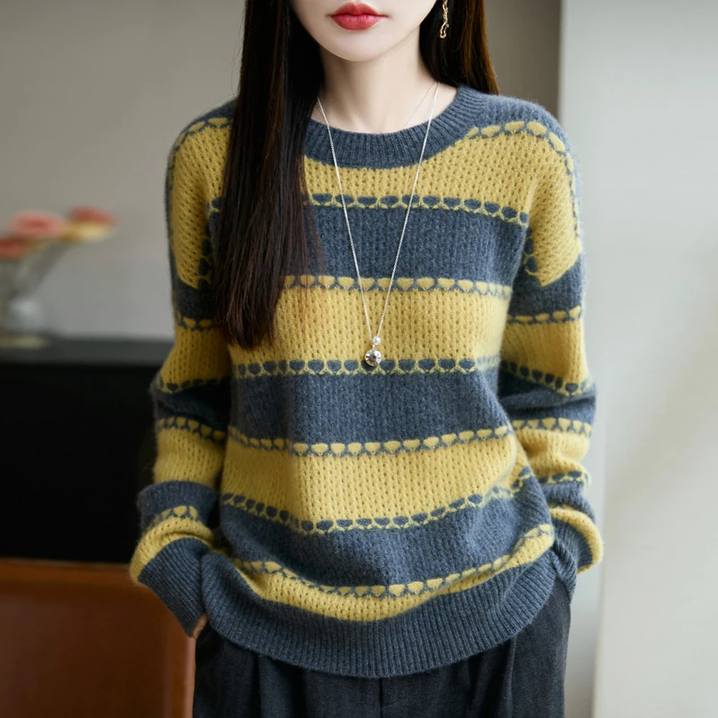 

Autumn Women's Clothes 100% Merino Wool O-neck Striped Sweater Winter Women's Long-Sleeved Pullover Loose Fashion Knit Top