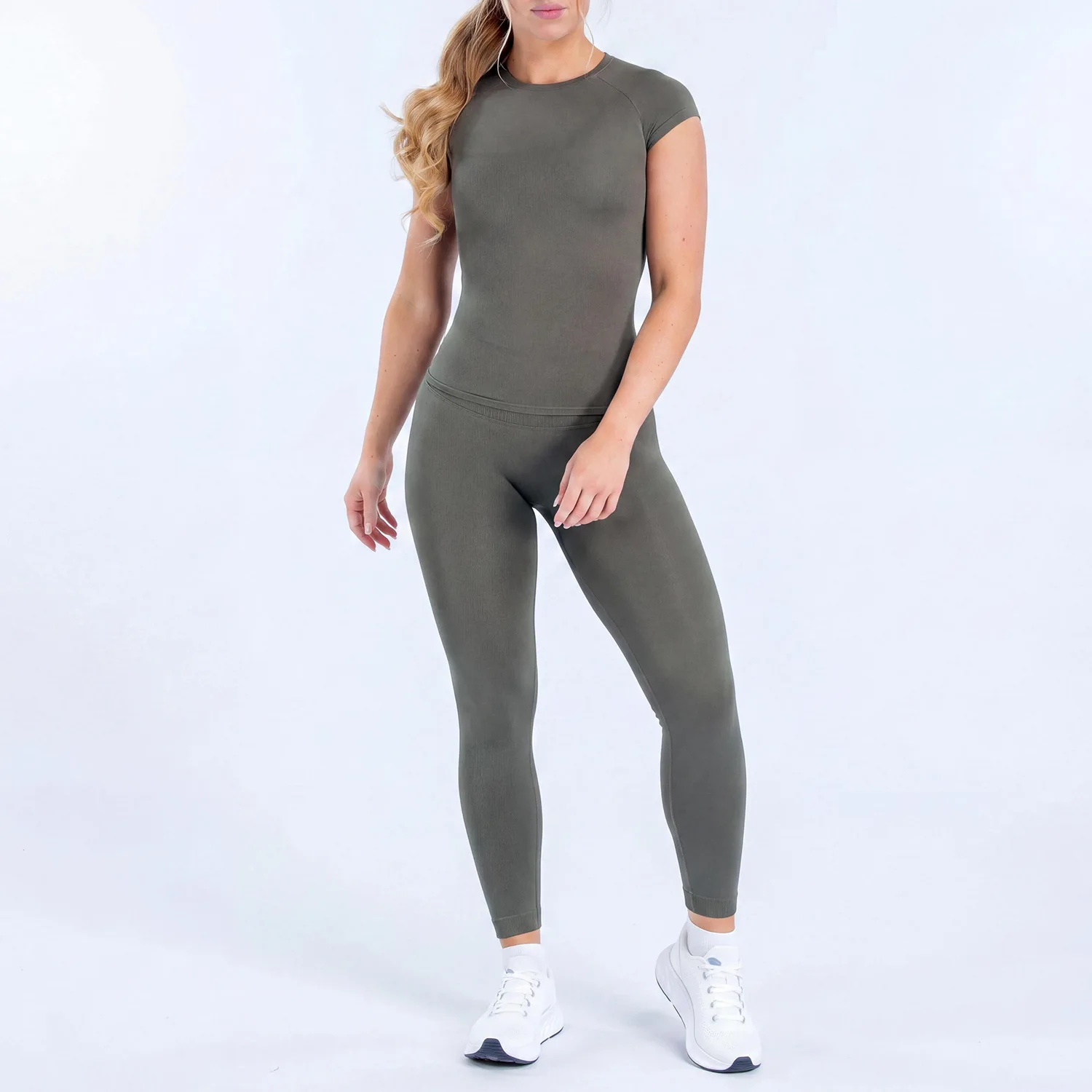 WAREBALL Damen 2-Teiliges Nahtloses Fitness-Outfit Kurzarm-Oberteil Hochgeschnittene Leggings Gym Workout Sportbekleidung Yoga-Set – Detail 11