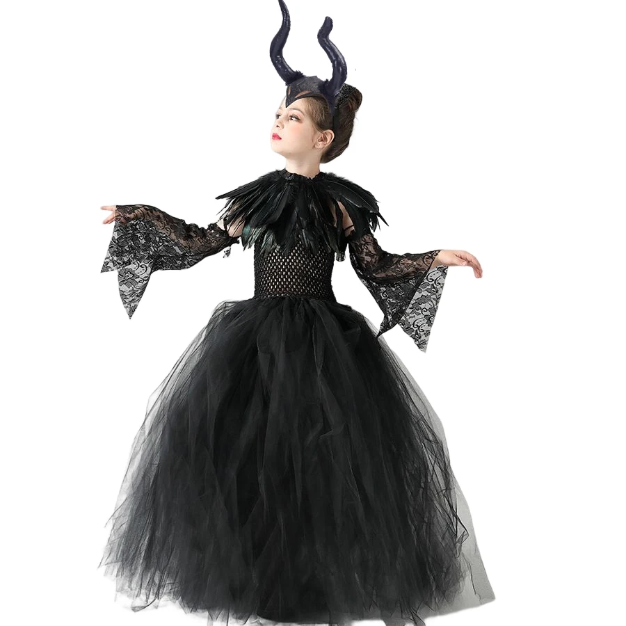 Halloween Costume Maleficent Tutu Dress For Girls Cosplay Evil Queen Black Mesh Princess Dress Kids Crow Wand Demon Witch Gown