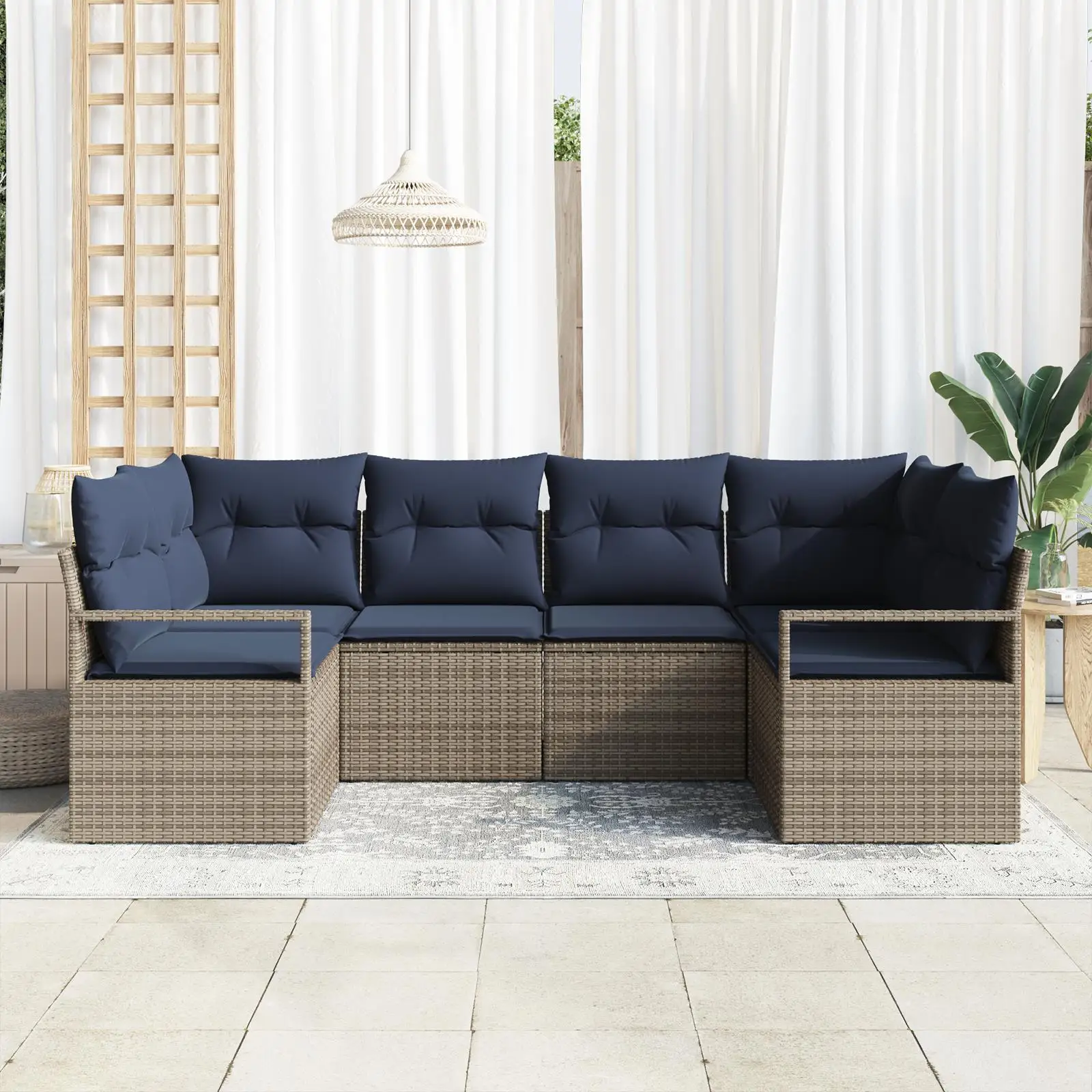 Set divano da esterno da 6 pezzi con cuscini, mobili da giardino in rattan grigio