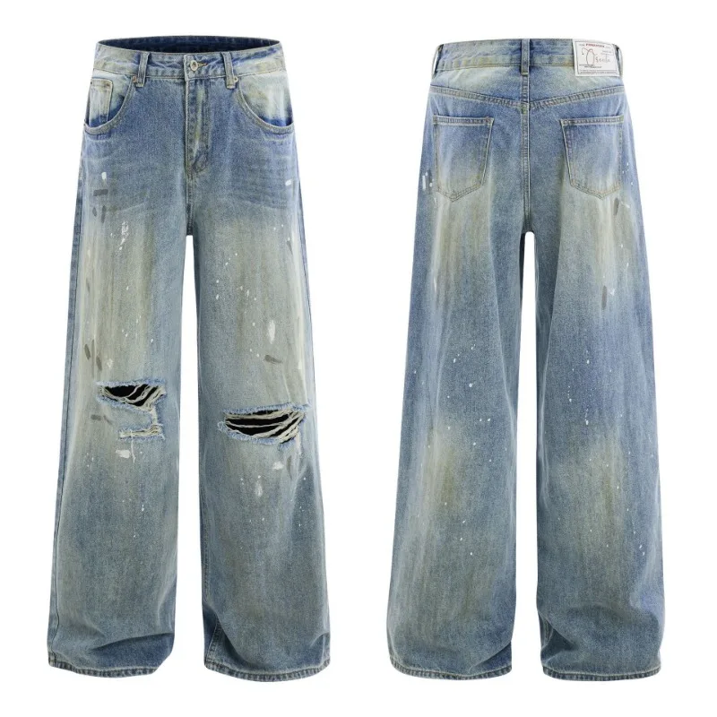 OR FL Women's American High Street Hole Wide Leg Jeans Trendy Brand Ink Splashing Aging Dirty Pants Mop the Floor Trousers Y2k