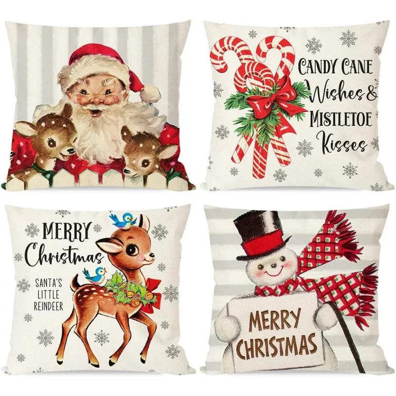 

Vintage Christmas Pillow Covers 18x18 Set of 4 Santa Claus Reindeer Candy Cane Snowman Xmas Winter Holiday Decorations