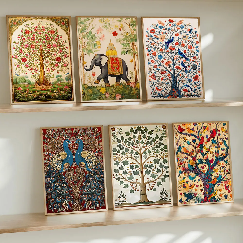 Póster bohemio de árbol floreciente artístico, pintura impresa en lienzo, estudio de estudio, sala de estar, decoración del hogar, folklórico Vintage indio de la vida