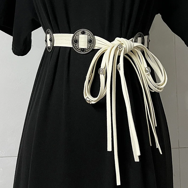 

2023 New Vintage Elements Hand-Worn Metal Suede Tassel Texture Lace-up Belt Waist Chain Boho Girls Wide Dress Waistband