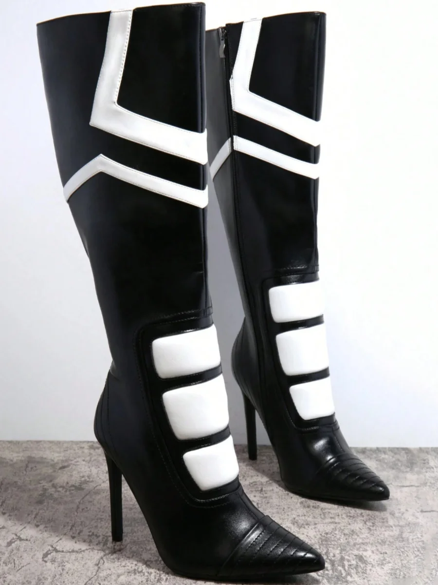 Women Mixed Colors Black White Leather Boots Pointed Toe Zip Stiletto High Heel Knee High Boots 2025 Fashion Party Catwalk Shoes