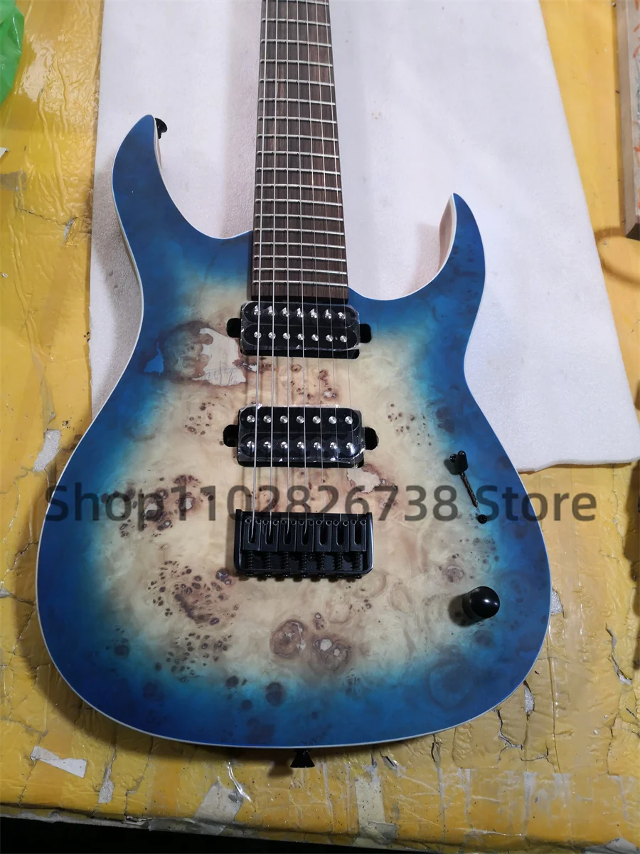 7 Strings electric Guitar Matte Blue OM body Brul Maple Top Rose wood fingerboard 24 Frets chicken wings Wood neck Black Tuners