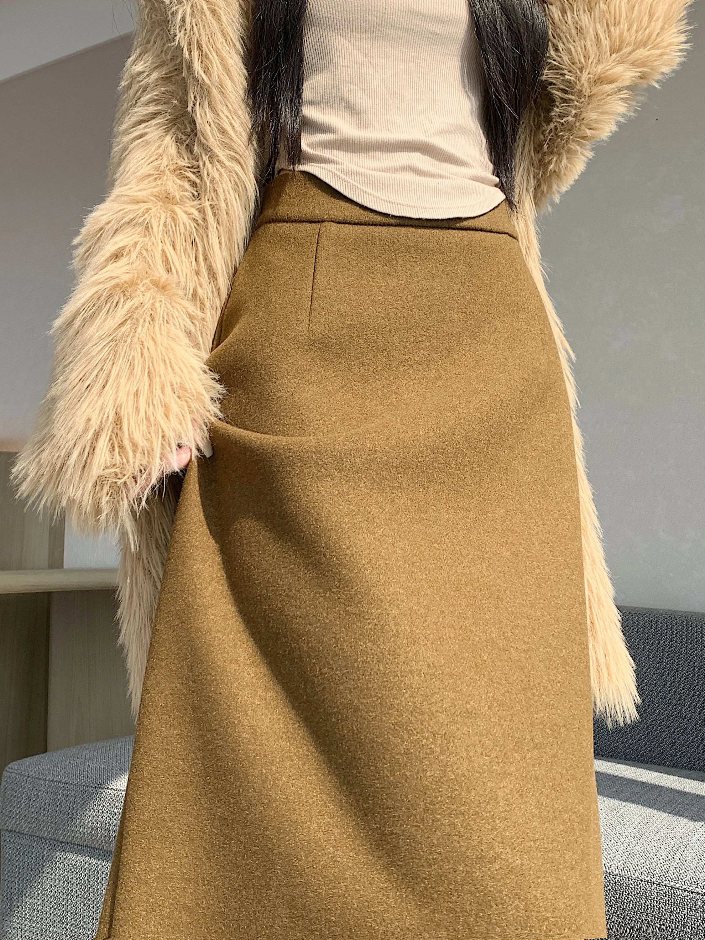 

High Waist Thiened Woolen Skirt Women's Spring Autumn New Sle Mid-Length Straight Cut-On-Step Skirt Body-a