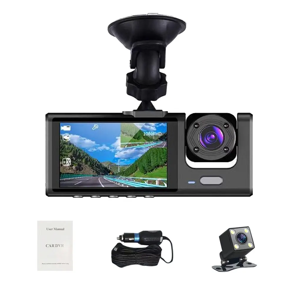 1080P DVR Dash Camera Front & Inside & Rear 2 Inch Screen Dashcam with Night-Vision Loop Recording One-Key Lock Standard - Image 3