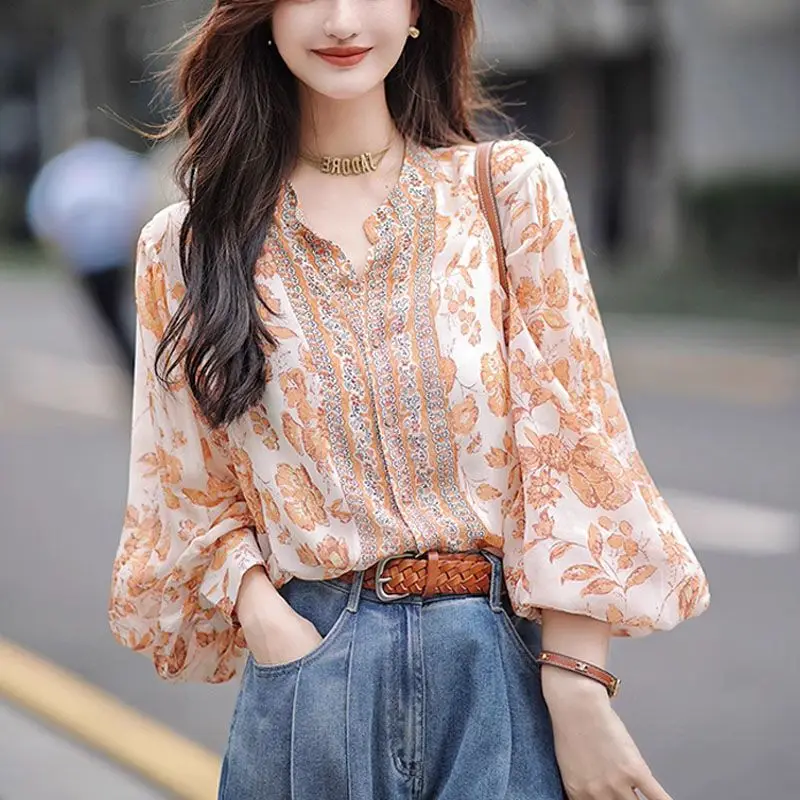 Women\'s Trendy Print Sweet Chic Button Up Shirt Spring Autumn Vintage Elegant Blouse Stand Collar Long Sleeve Tops Blusas Mujer