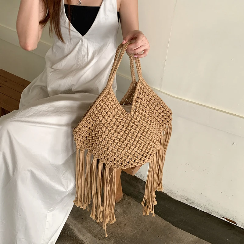 Bohemian Beach Bags For Women Luxury Designer Handbags Purses 2024 New In Polyester Rope Braided Tassel Hollow Underarm Shoulder