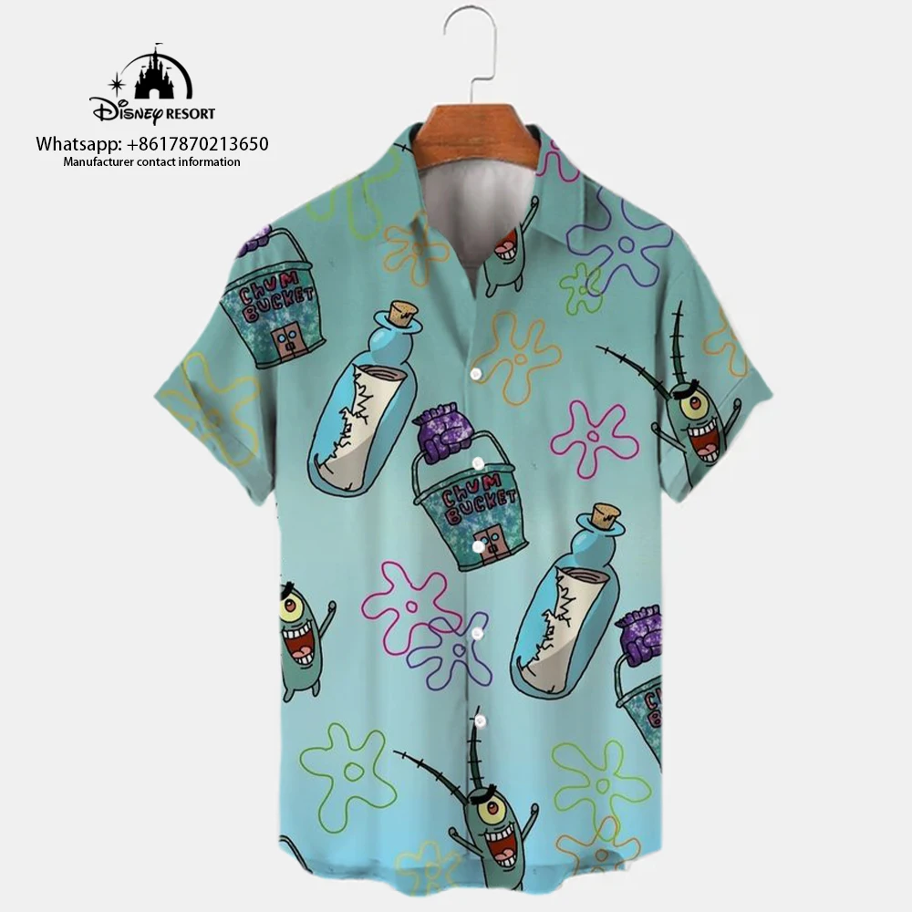 Chemise décontractée Harajuku pour hommes, chemise à manches courtes, revers polyvalent, dessin animé Bob l'éponge mignon, tendance de la rue, offre spéciale, été, nouveau, 2024