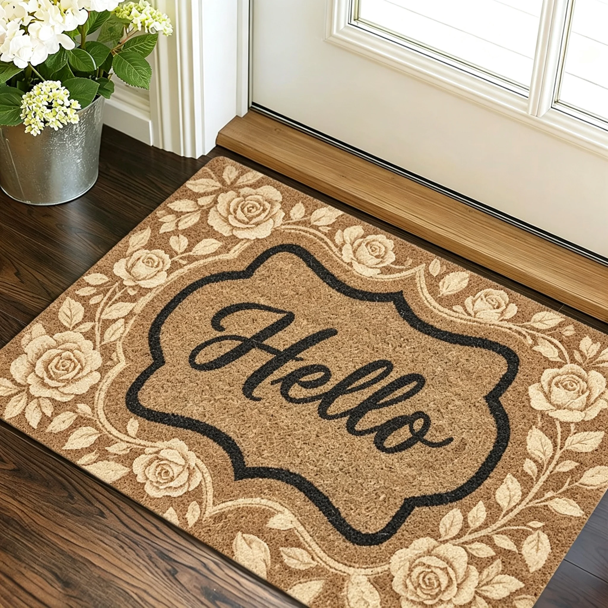 1pc Brown Doormat with Black Hand-Written Welcome Letters And White Brown Leaf Pattern Repeated Texture Classic Design Entrance Mat, 1.02cm Thick, Durable Soft Flannel Non-Slip Door Mat, RV Mat, Country Mat