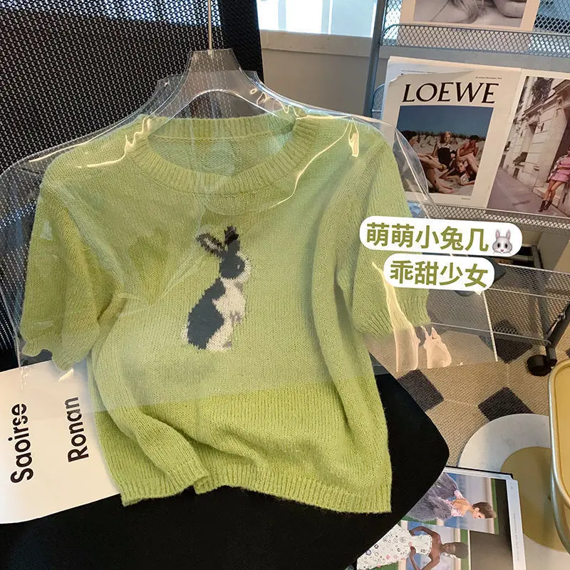 Little Rabbit Jacquard Round Neck Short Sleeve Knitted Top 2023 Early Spring New Korean Gentle Chic Green Top