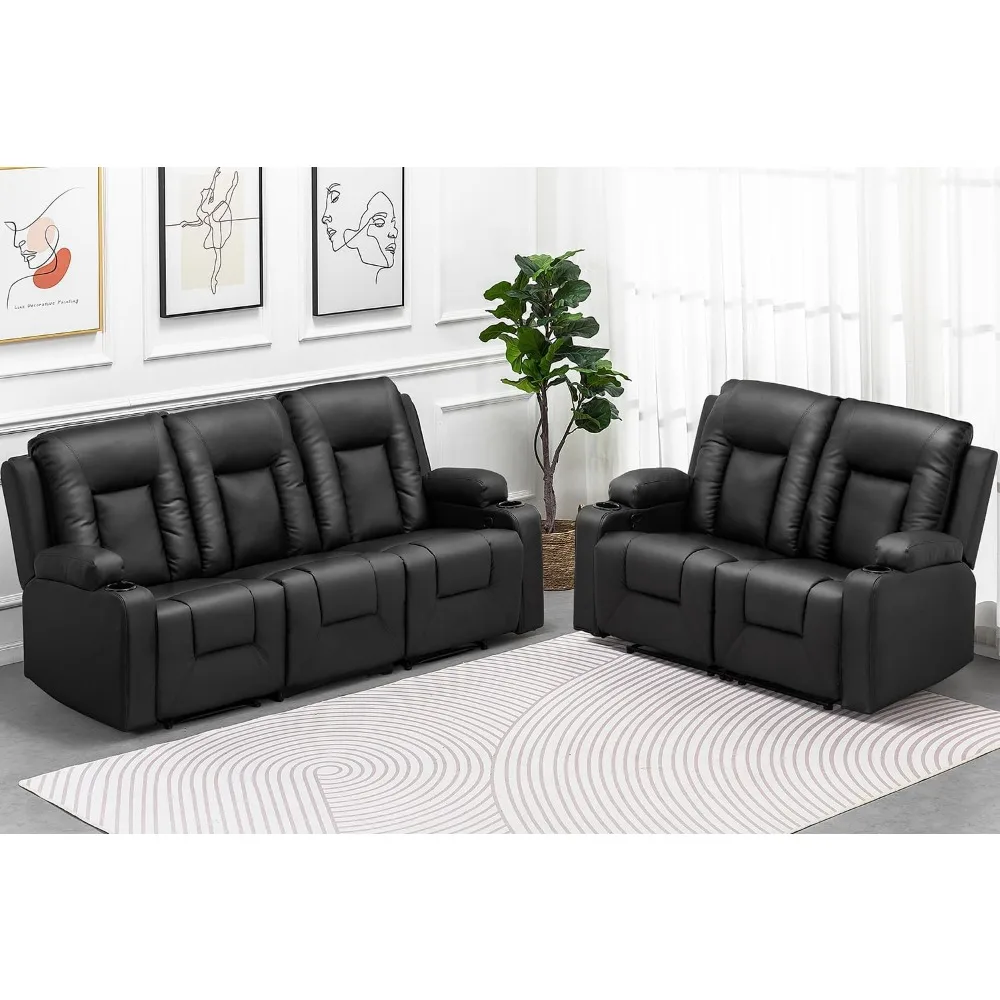 

Recline Chair Set，Furniture 2PC Bonded Leather Recliner Set Living Room Set, Sofa, Loveseat（Black,Living Room Set3+2