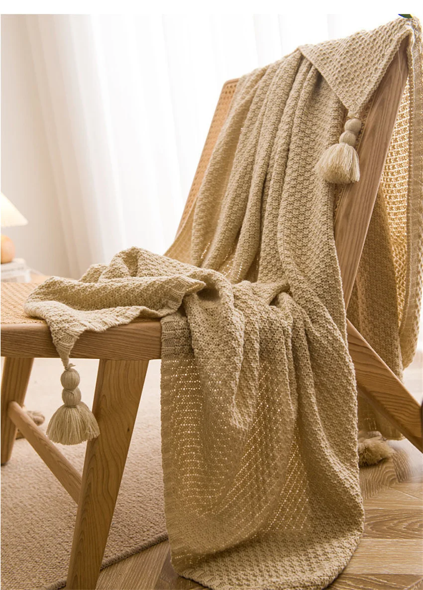Nordische Decken für Bett, Sofa, Couch, grob gestrickte Tagesdecke, gestrickte Überwurfdecke mit Quaste, einfarbige Waffel-geprägte Decke – Detail 11