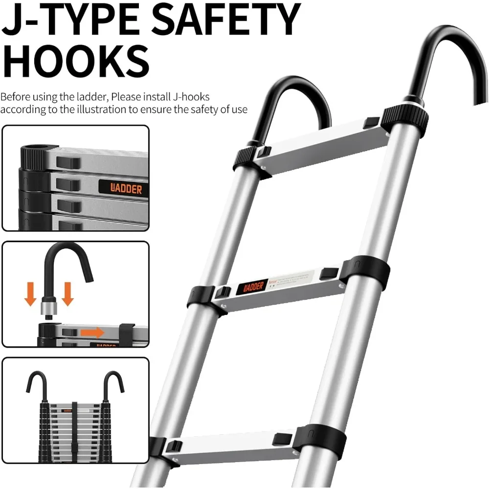 8.5FT Aluminum Telescoping Ladder with Stabilizers & Hooks, 330lb Capacity for RV Outdoor Work