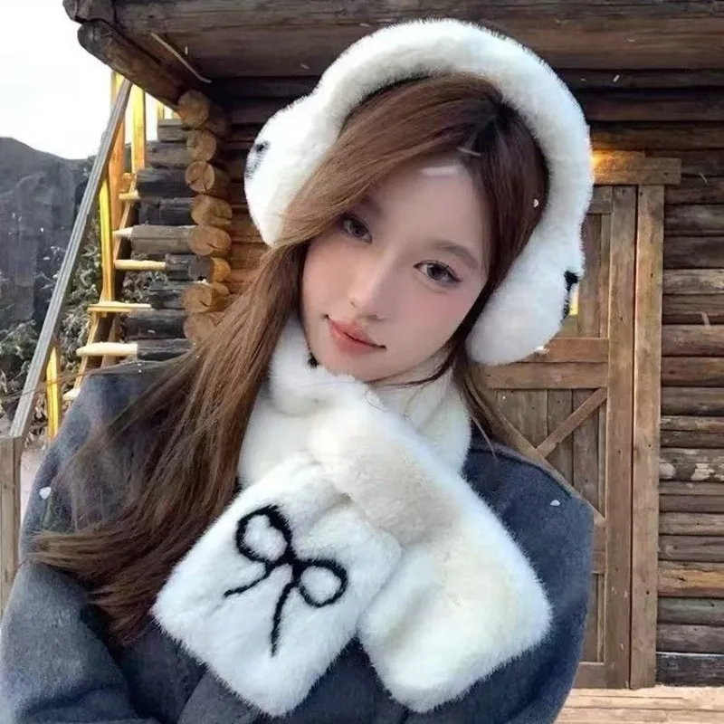 Butterfly Knot Plush Warm Ear Muffs Scarf Set for Women in Winter, Warm and Skin Friendly, Soft and Cute Ear Warmers