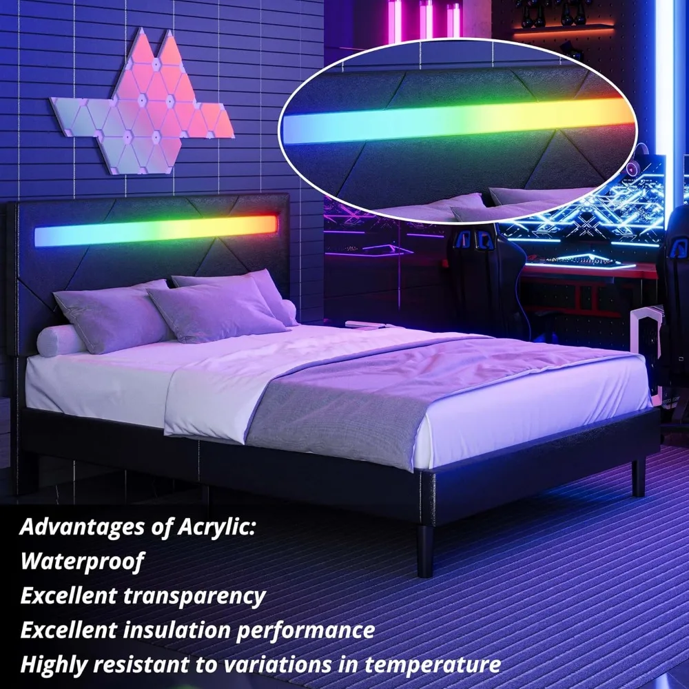 Bedframe met LED-verlichting (slimme APP-bediening), gestoffeerd modern platformbedframe, geen boxspring nodig/geluidvrij/gemakkelijk