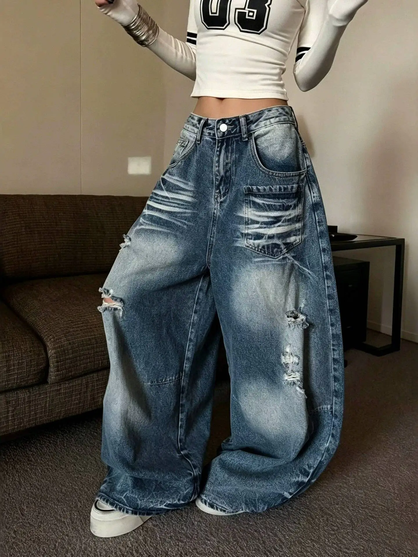 2026 Women American High Street High Waist Slim Fit Jeans Vintage Washed Loose Wide Leg Denim Pants Retro Daily Fashion Trousers