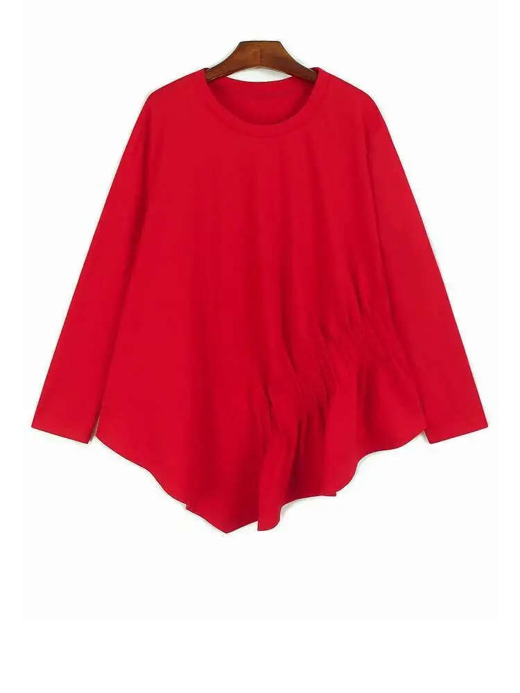 

Женская красная нерегулярная плиссированная повседневная футболка большого размера, новая модная футболка с круглым вырезом и длинными рукавами, весна-осень