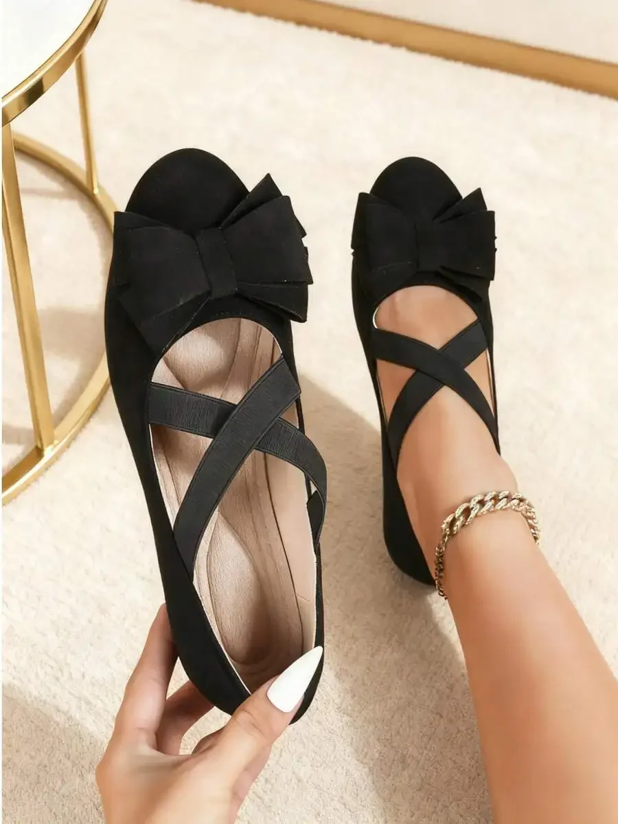 

Black Ballet Flats With Bow And Crisscross Elastic Straps