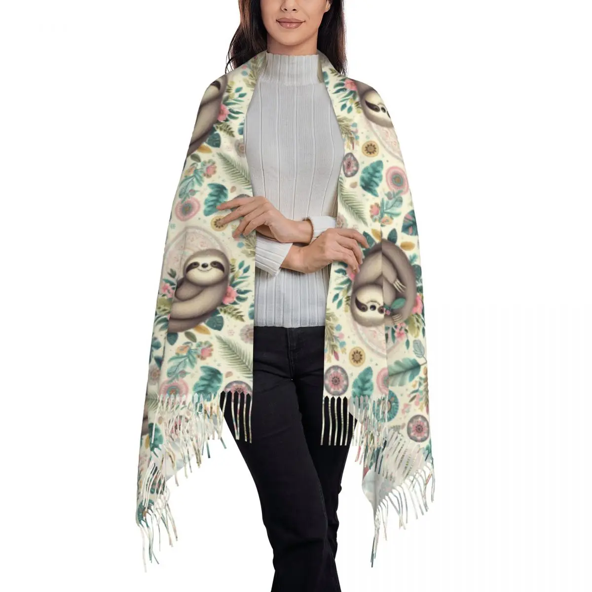 Happy Boho Sloth Floral Scarf Tassel Scarves for Women Soft Warm Shawls and Wraps Large Fall Winter Shawl Wrap