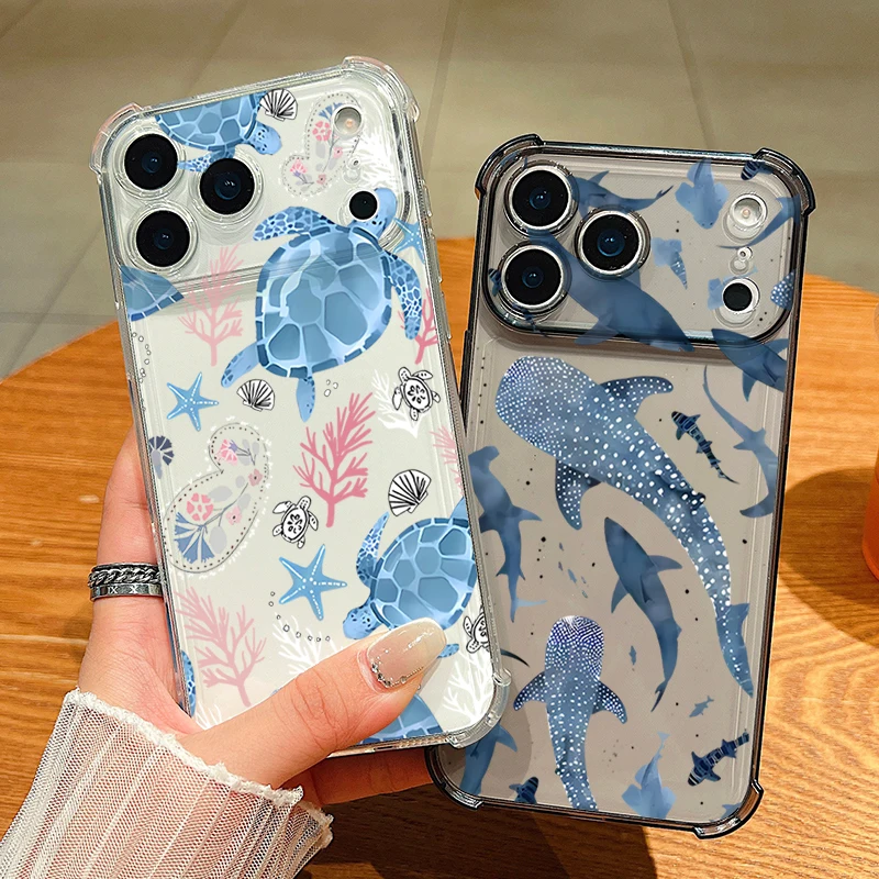 Shark Turtle Phone Case For iPhone 17e 17 Pro 16 15 Pro Max 14 13 12 Pro 11 Shockproof Soft Silicone Transparent Anti-fall Cover