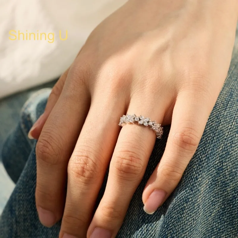 

Shining U S925 Silver Flower Zircon Gems Ring for Women Fine Jewelry Gift