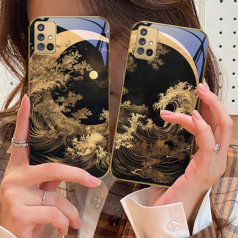 

The waves of lines For Samsung A 01 52S A04 A05S A10 A12 A13 22 23 24 36 42 M02 Note 10 20Ultra 8 9 Golden glass phone case