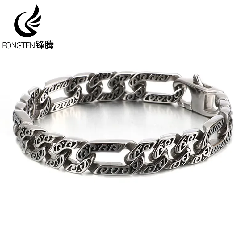 Fongten 21.5cm Cuban Chain Bracelet For Men Stainless Steel Charm Male Curb Bracelets Bangles Silver Color Retro Totems  Jewlery