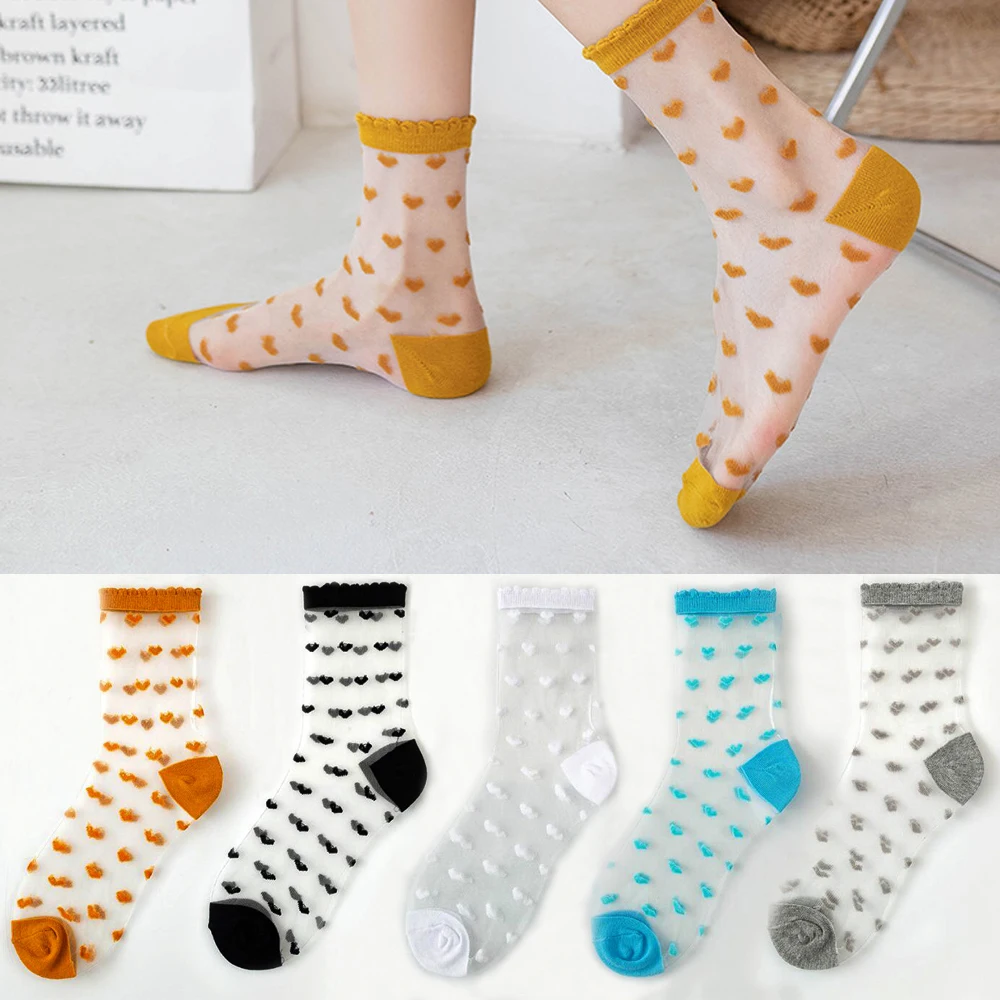 5 Pairs/Lot Summer Woman Sock Japanese Style Sweet Glass Silk Sock Heart Ultra thin Transparent Girl Kawaii Cute Long Socks