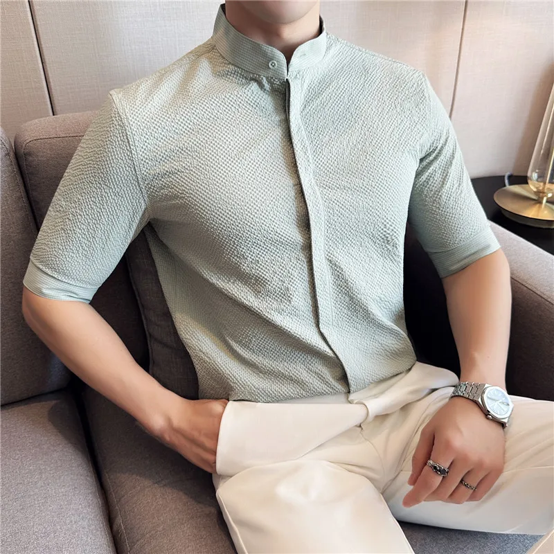 

Men's Seersucker Shirt Short Sleeve Summer Stand Collar New Chinese Style Slim Fit Casual Business Top Look Beach Holiday Tops