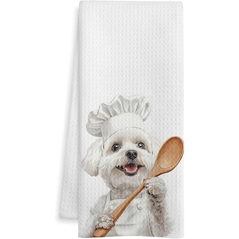 1pc Bichon Frise Chef Printed Scrub Cloth, Soft Absorbent Ki