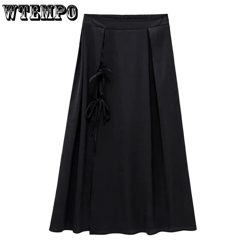 WTEMPO New Women Fashion Black Side Split Skirts Girls Summer Streetwear High Waist Mid-Calf Preppy Style Lace-up Pleated Skirts