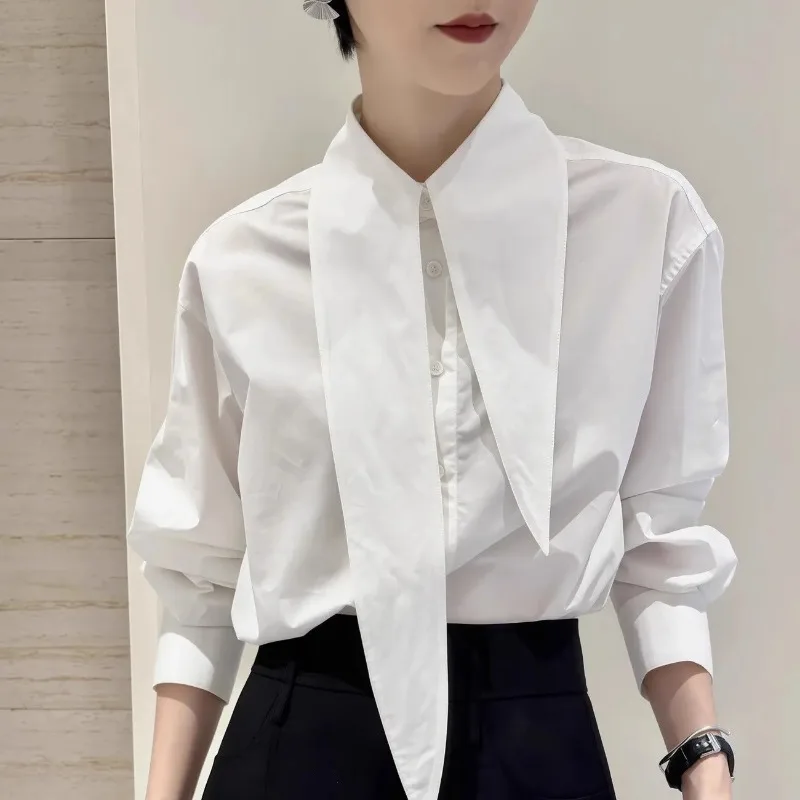 Women's White Long Tie Collar Long Sleeve Button Down Shirt Elegant Office Casual Top