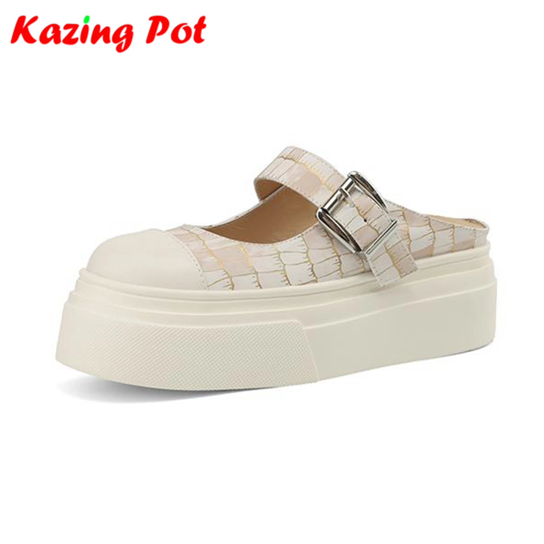 

Krazing Pot Mules Full Grain Leather Summer Slip On Round Toe Flat Platform Gingham Prints Buckle Women Leisure Outside Slippers