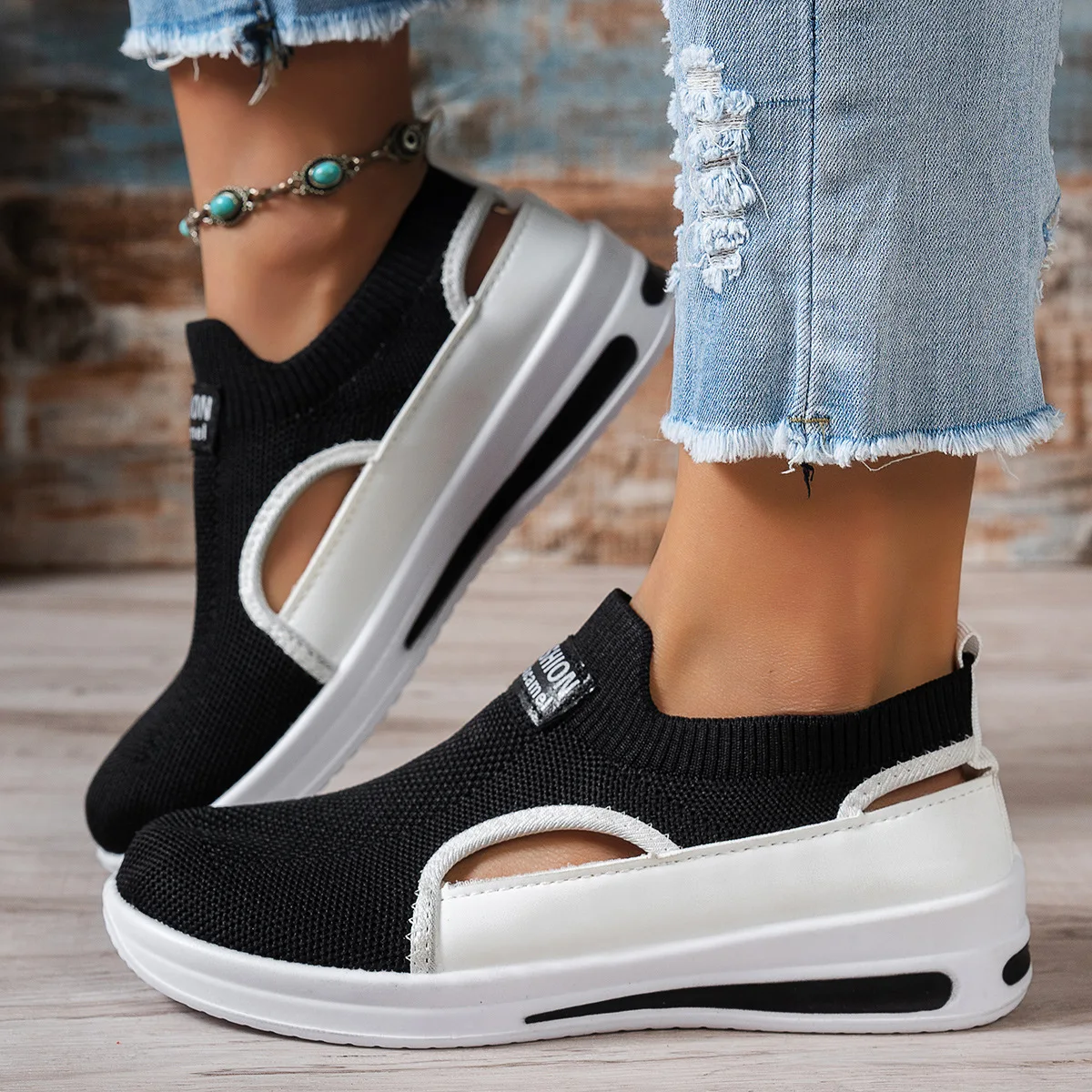 Hohle Slip-On-Plateau-Keilsneaker für Damen, atmungsaktiv, rutschfest, weiche Sohle, für den täglichen Gebrauch, bequeme Freizeitschuhe – Detail 3
