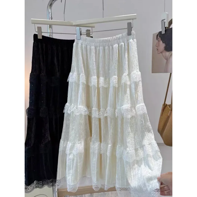 French Style High Waist Draped Cake Midi Skirt Women, Autumn Winter New A-line Slimming Flared Skirt