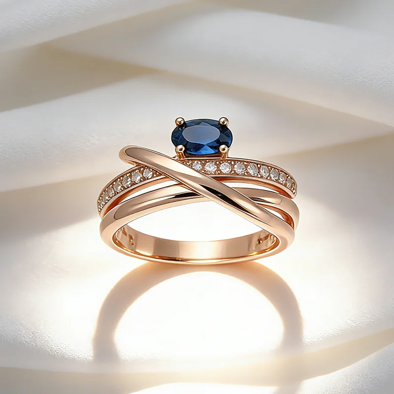 Kinel Unusual 585 Rose Gold Color Cross Rings for Women Luxury Shiny Blue Natural Zircon Accessories Party Daily Jewelry