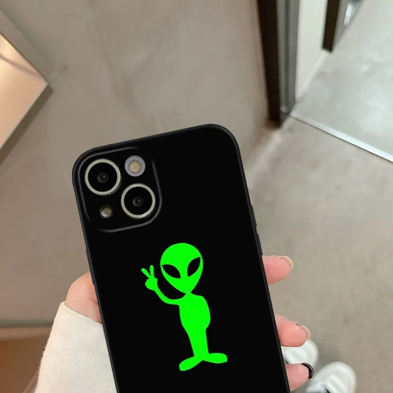 Green Alien Phone Case for iPhone, Cute Black Covers, iPhone 15,14,13,12 Pro,X,XR,Plus, X, 13 Pro MAX, XR, XS, Mini