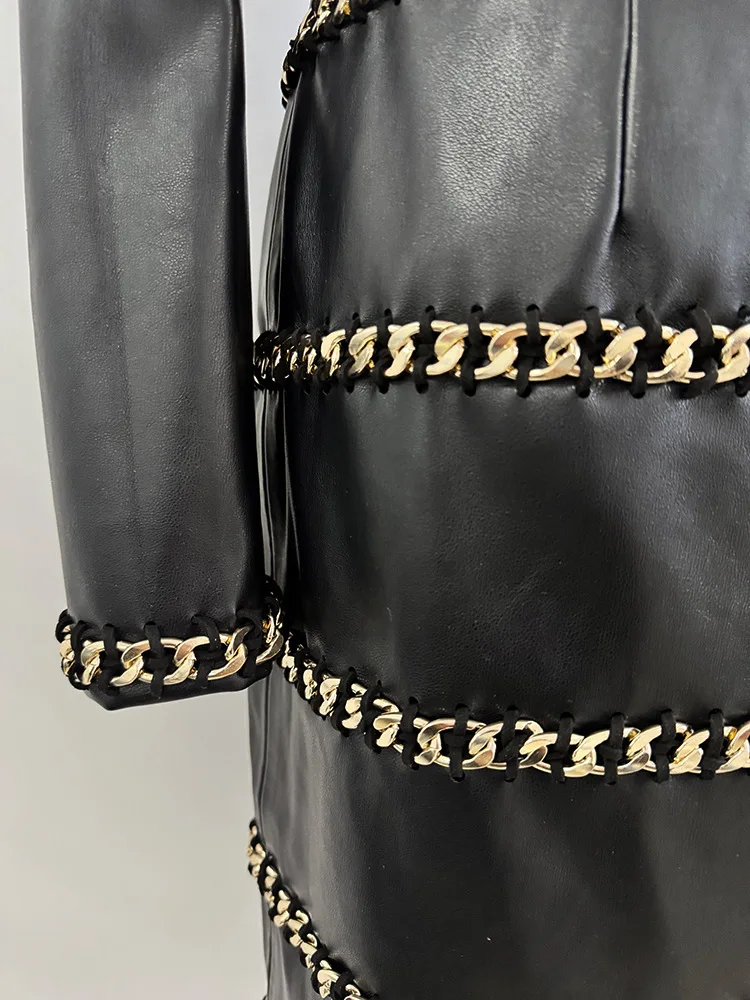 HIGH STREET Nieuwste 2025, Designer Fashion damesketting, driedimensionale lotusblad, leren jurk met enkele mouw