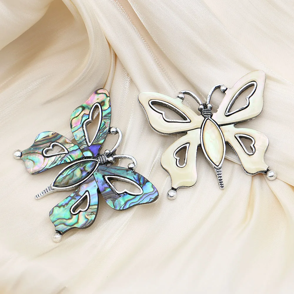

1pc Retro Butterfly Shape Natural Abalone Shell Inlaid Hollow Brooch Jewelry For DIY Ladies Sweater Necklace Pendant Accessory