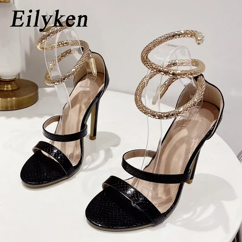 Eilyken Street Style Snake Print Ankle Strap High Heels Women Sandals 2024 Summer Open Toe Narrow Band Banquet Party Shoes