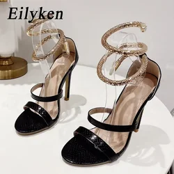 Eilyken Street Style Snake Print Ankle Strap High Heels Women Sandals 2024 Summer Open Toe Narrow Band Banquet Party Shoes