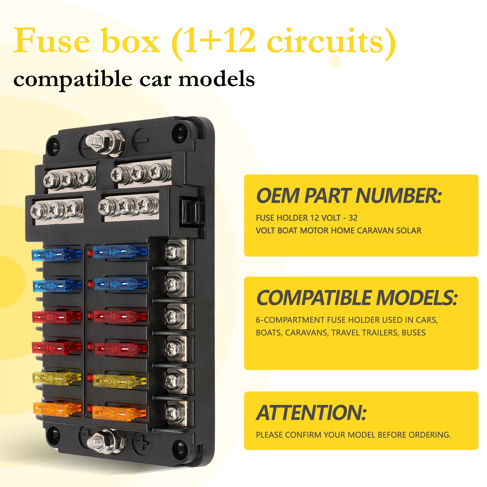 

12 Compartment Car Fuse Holder Fuse Box for Motorhome Boat Caravan Camper Trailer Fuses Power Distributor 12v -32v