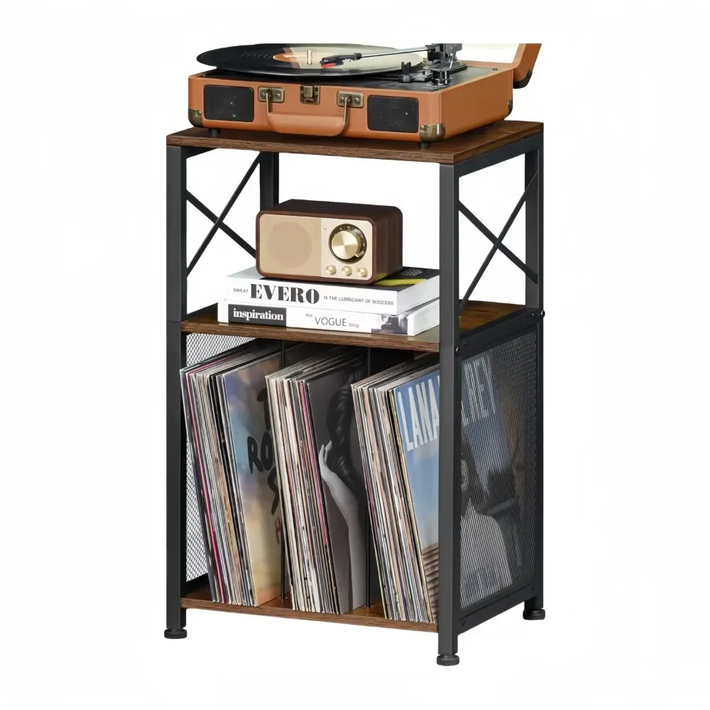 

3-Tier Brown Vinyl Records Storage Holder Turntable Stand Display Shelf Bedroom Living Room Office CD Rack 100 Albums End Table